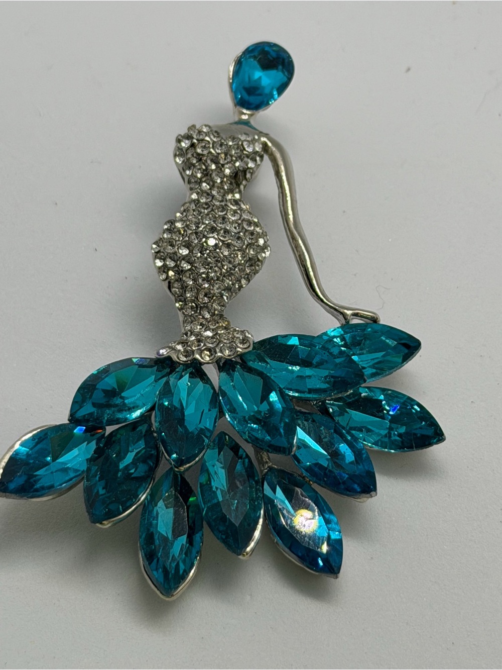 Crystal Embellished Teal Dress Brooch - Women's Jewelry